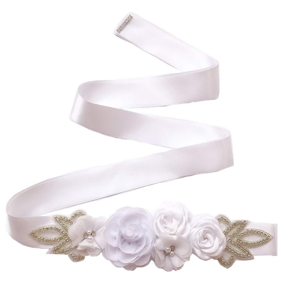 8590 Sash Belt with Flowers Pearls Rhinestone for Wedding Bride/Baby Shower